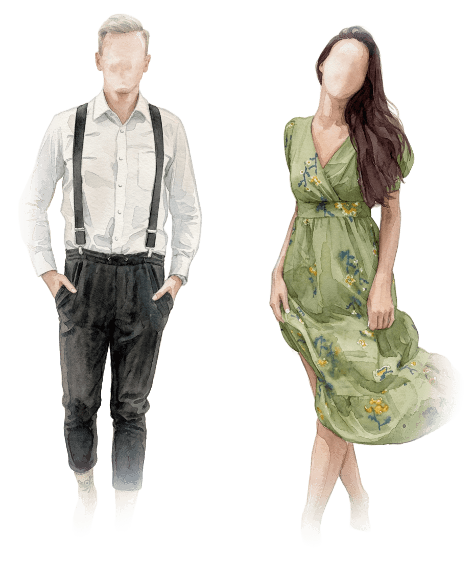 Ilustración de la vestimenta sugerida: camisa de manga larga con tirantes y vestido largo verde